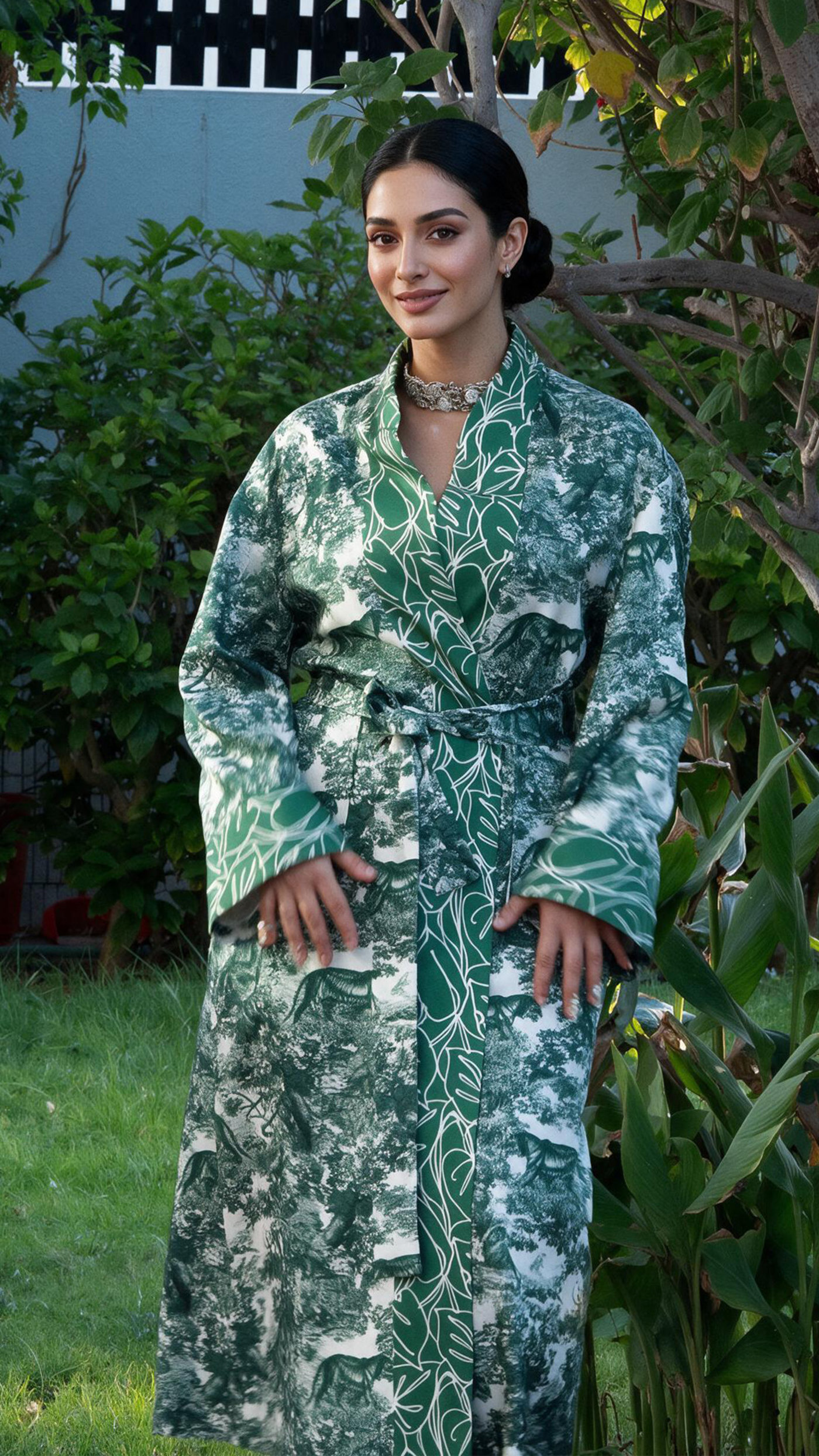 The emerald woodland toile in the garden, self-tie belt