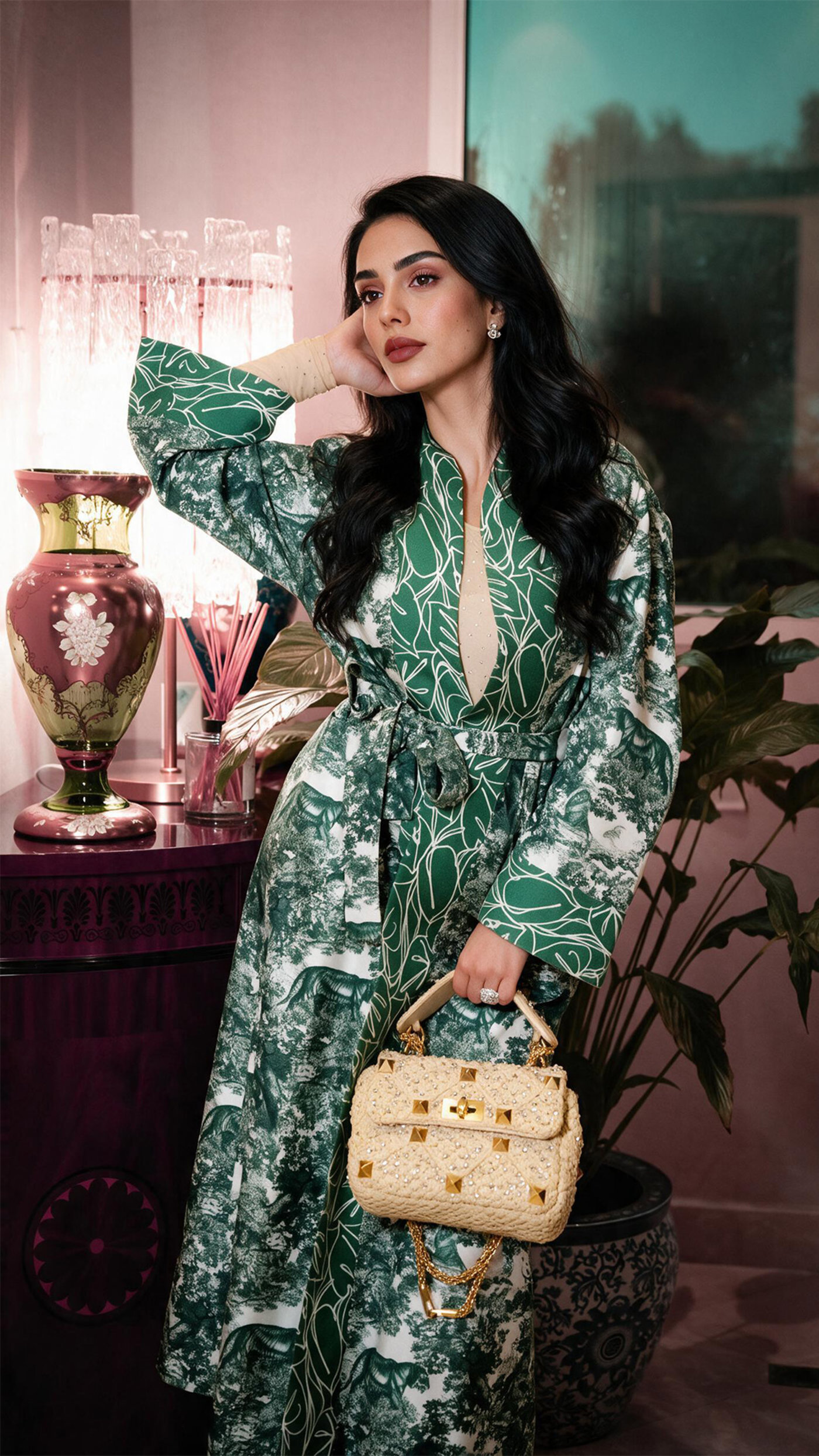 The robe belted, standing beside a Murano lamp