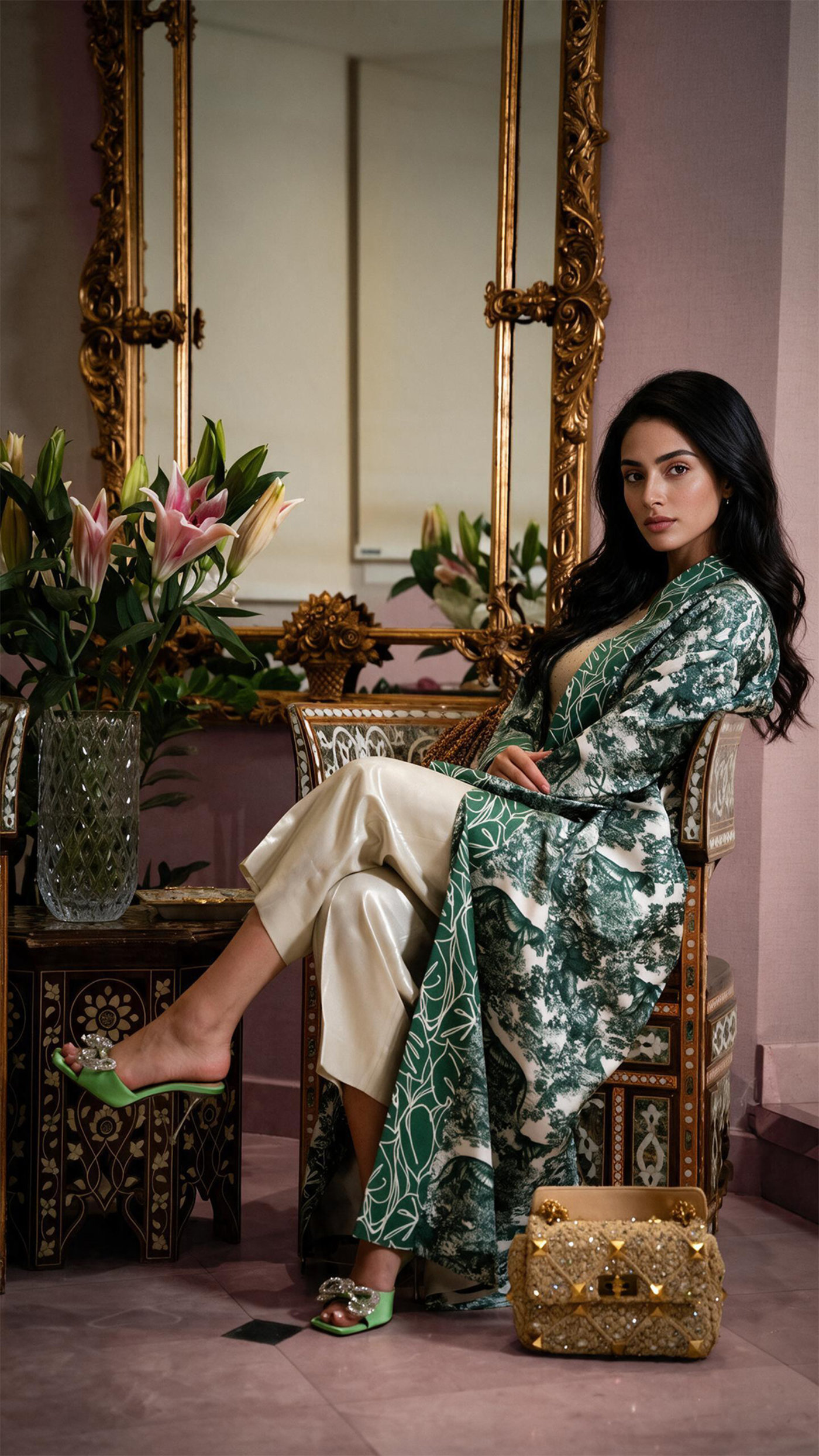 Seated beneath the gilt mirror with lilies