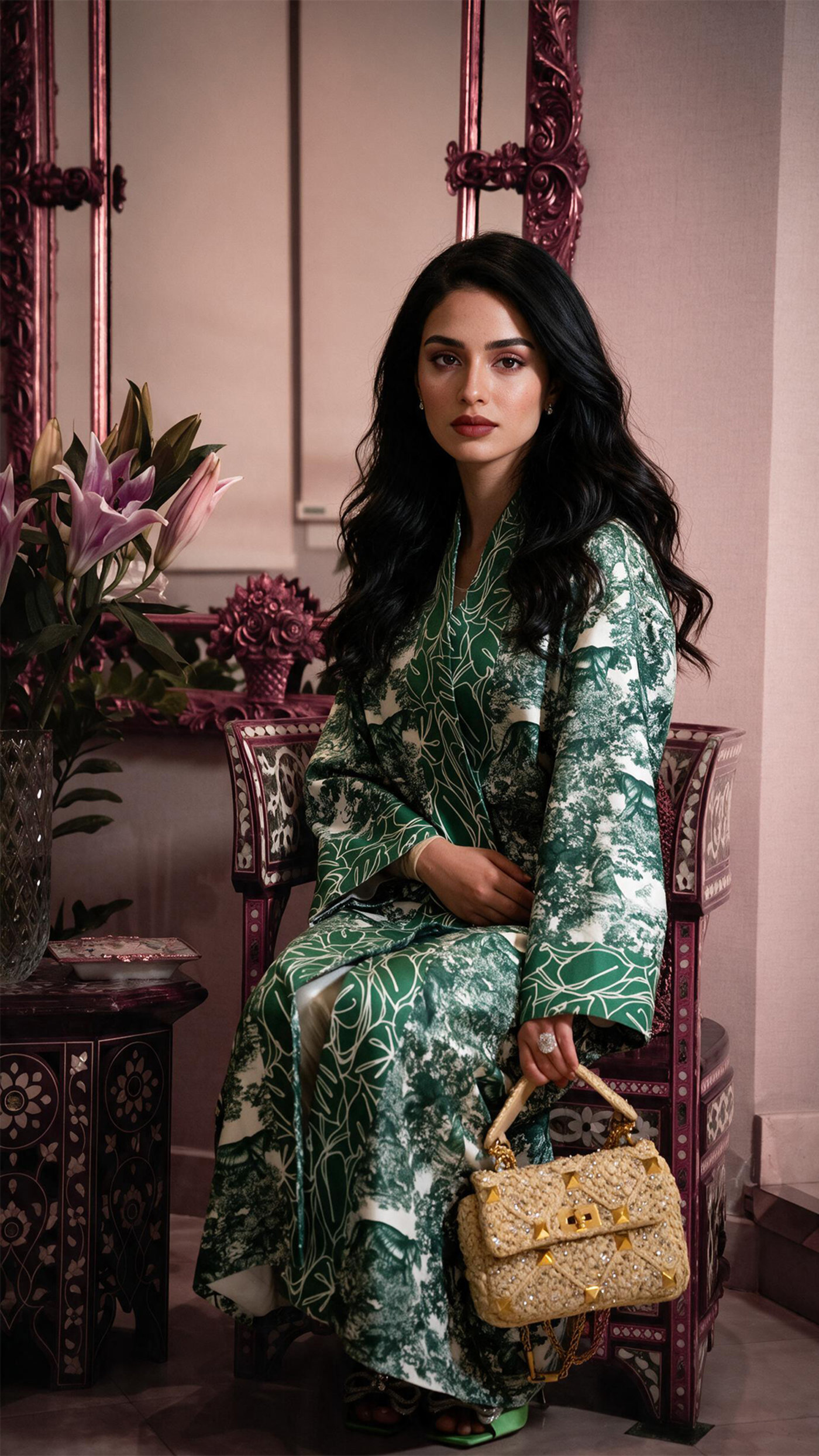 Coat Nº 4 — The Royal Emerald Silk Toile Woodland Robe in a rose salon