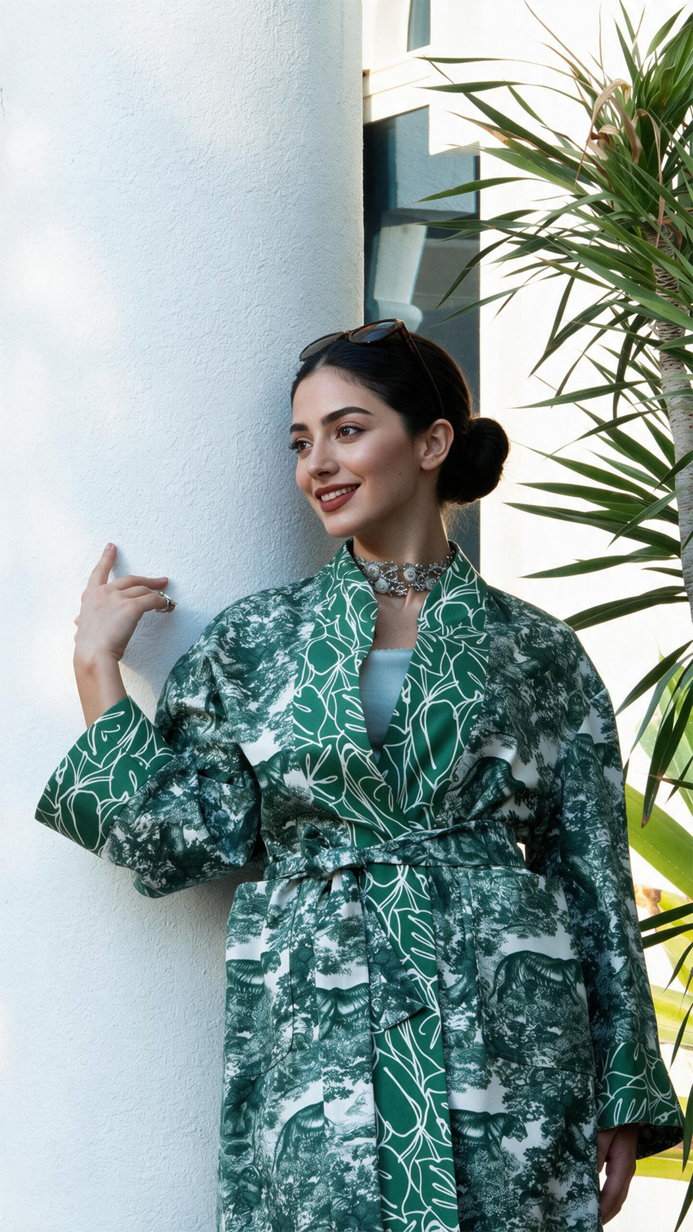 The emerald woodland toile in daylight against a white wall