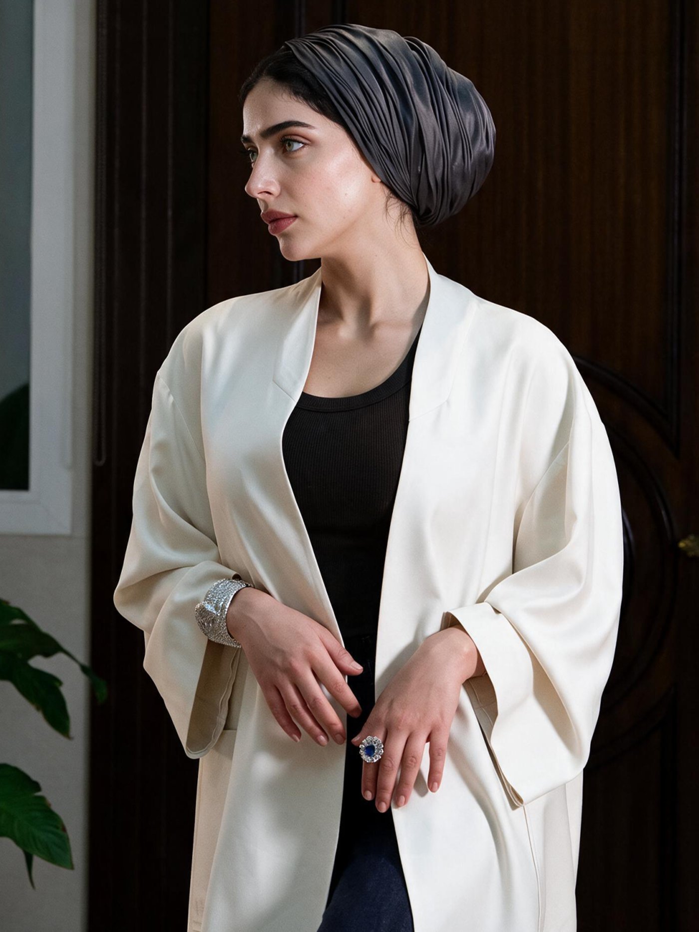 The open-front drape, three-quarter view