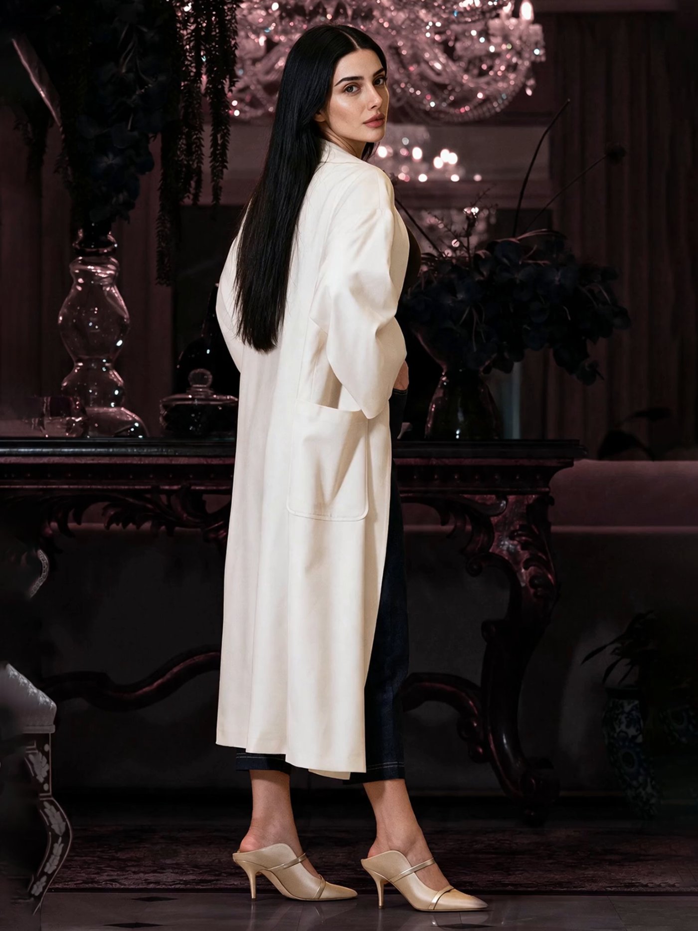 The coat from behind, fluid full-length drape