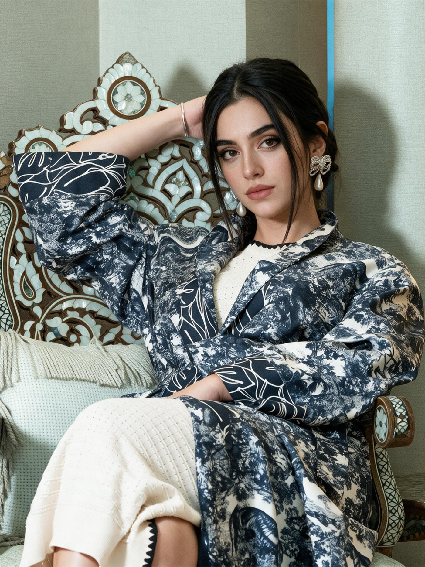 Seated close portrait in the Navy Jungle coat