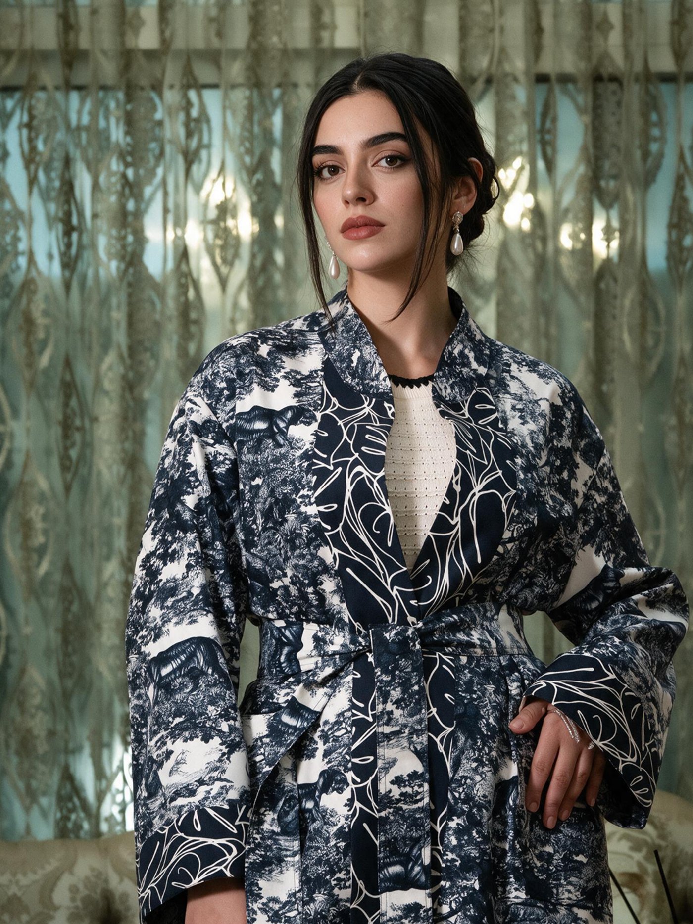 The sash tied at the waist — tigers in the folds