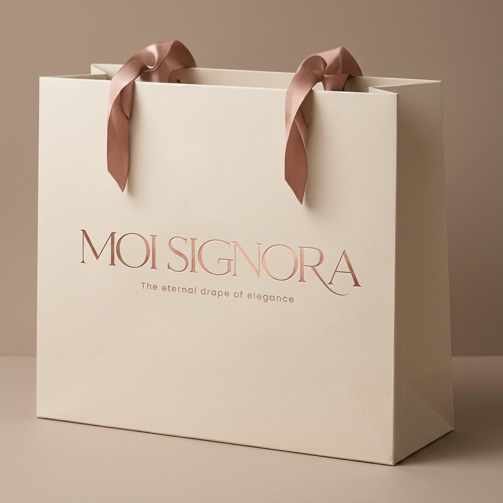 MOI SIGNORA packaging — cream bag with rose-gold lettering and mauve ribbon