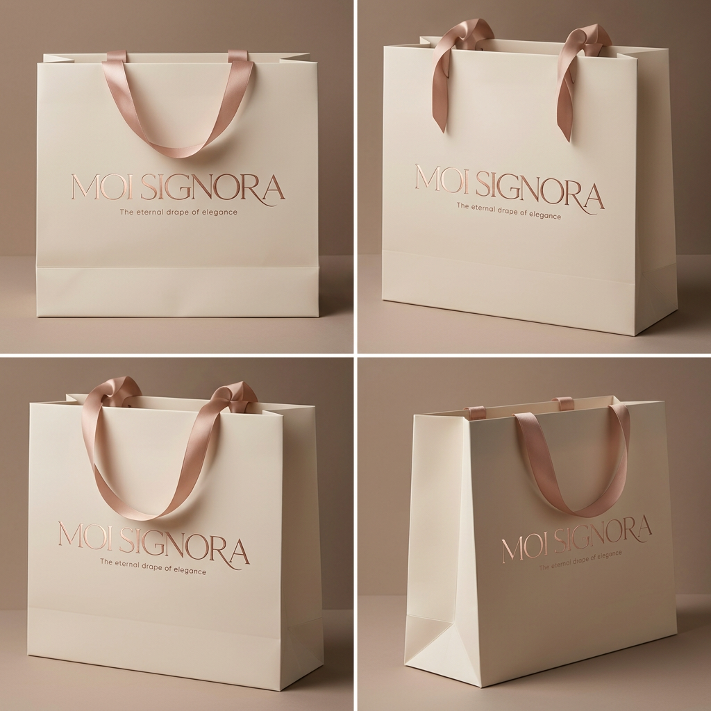 MOI SIGNORA presentation — cream bags with rose-gold lettering and mauve ribbon